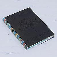 Leather accent cotton journal, 'Wishing Tree' - Leather Accent Cotton Journal in Onyx from India