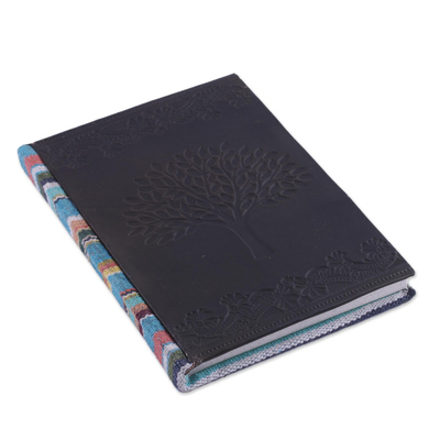 Leather accent cotton journal, 'Wishing Tree' - Leather Accent Cotton Journal in Onyx from India