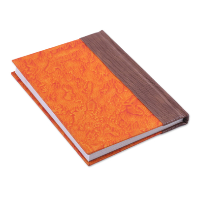 Leather accent cotton journal, 'Passionate Fire' - Leather Journal in Brown and Burnt Orange from India