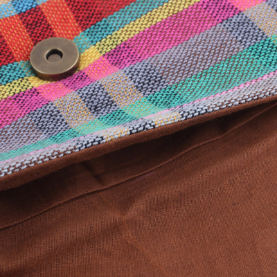 Leather accent cotton clutch, 'Vibrant Checks' - Leather Accent Cotton Clutch with Checks from India