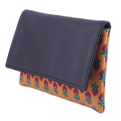 Leather accent cotton clutch, 'Flower Bed' - Leather Accent Cotton Clutch with Floral Motifs from India