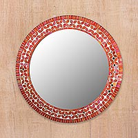 Glass mosaic wall mirror, 'Shimmering Blossoms' - Handcrafted Round Mosaic Multicolour Wall Mirror from India