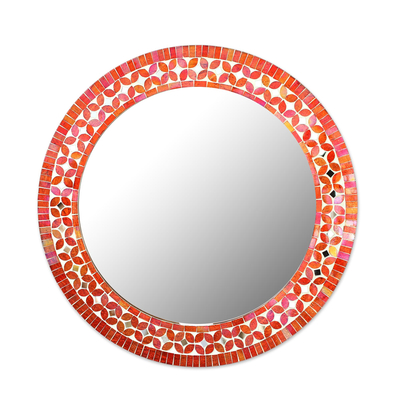 Glass mosaic wall mirror, 'Shimmering Blossoms' - Handcrafted Round Mosaic Multicolor Wall Mirror from India