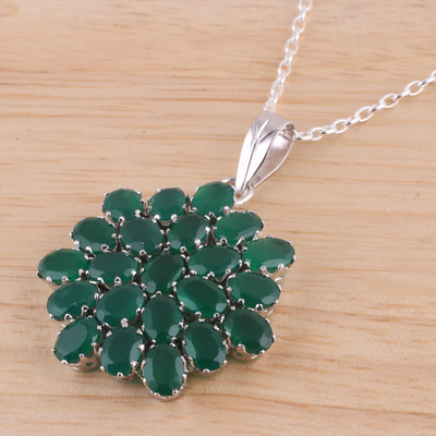 Onyx pendant necklace, 'Verdant Brilliance' - Rhodium Plated Green Onyx Floral Pendant Necklace from India