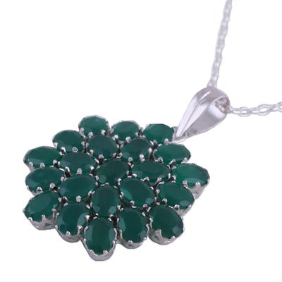 Onyx pendant necklace, 'Verdant Brilliance' - Rhodium Plated Green Onyx Floral Pendant Necklace from India