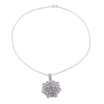 Moonstone pendant necklace, 'Moonlight Brilliance' - Rhodium Plated Moonstone Floral Pendant Necklace from India