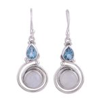 Blue topaz dangle earrings, 'Blissful Fusion' - Moonstone and Blue Topaz Sterling Silver Earrings from India