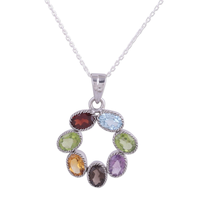 Multi-gemstone pendant necklace, 'Joyful Colors' - Multi-Gemstone Pendant Necklace on Cable Chain