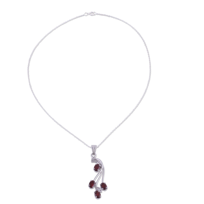 Garnet pendant necklace, 'Cherished Bouquet' - Garnet and Rhodium Plated Silver Pendant Necklace
