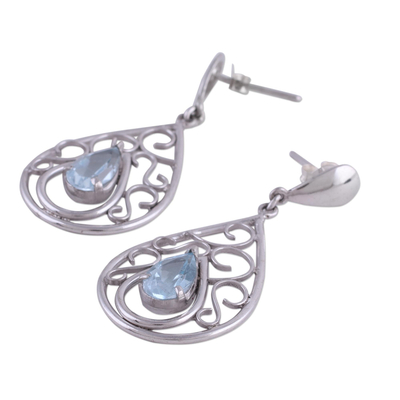 Blue topaz dangle earrings, 'Inspired Elegance' - Rhodium Plated Silver and Blue Topaz Dangle Earrings