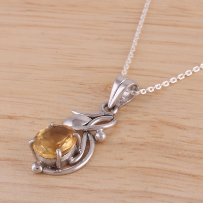 Citrine pendant necklace, 'Golden Bud' - Four Carat Citrine Necklace in Rhodium Plated Silver