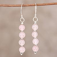 Quartz dangle earrings, 'Happy Delight in Pink' - Pink Quartz and Sterling Silver Dangle Earrings from India