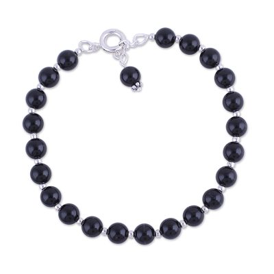Quartz and Silver Beaded Bracelet in Black from India