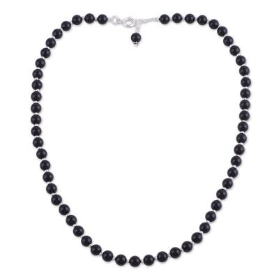 Quartz and Silver Beaded Necklace in Black from India