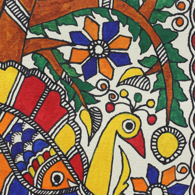 Pintura madhubani - Pintura colorida firmada del pavo real Madhubani de la India