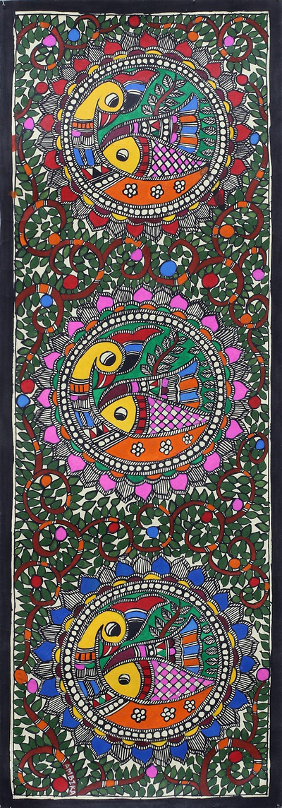 Madhubani-Gemälde - Signiertes Madhubani-Gemälde von Vögeln und Fischen aus Indien