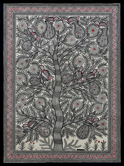 pintura madhubani - Pintura Madhubani firmada de pájaros en un árbol de la India