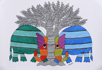 Traditional Gond Folk Art Painting of Two Elephants