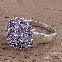Rhodium plated tanzanite cocktail ring, 'Glittering Arrangement' - Rhodium Plated Tanzanite Cocktail Ring from India