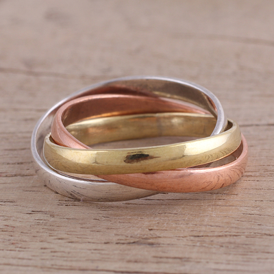 Sterling silver, copper and brass band ring, 'Classic Trio' - Sterling Silver Copper and Brass Band Ring from India