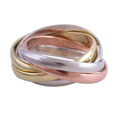 Sterling silver, copper, and brass multi-band ring, 'Classic Quintet' - Sterling Silver Copper and Brass Band Ring from India