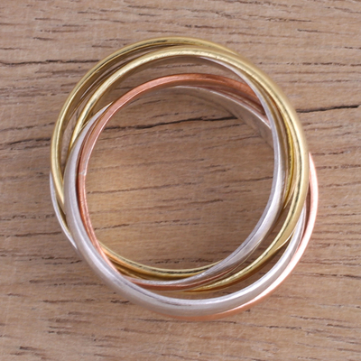 Sterling silver, copper, and brass multi-band ring, 'Classic Quintet' - Sterling Silver Copper and Brass Band Ring from India