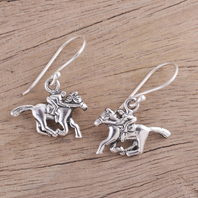 Sterling silver dangle earrings, 'Winning Horses' - Handcrafted Sterling Silver Horse Dangle Earrings from India