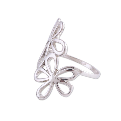 Sterling silver cocktail ring, 'Twin Floral Beauty' - Sterling Silver Floral Cocktail Ring from India