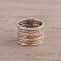 Mixed metal band ring, 'Classic Alliance' - Sterling Silver Copper and Brass Band Ring from India