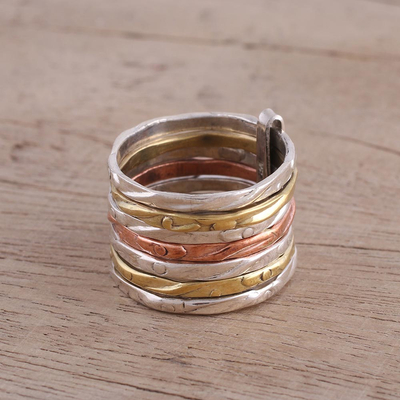 Mixed metal band ring, 'Classic Alliance' - Sterling Silver Copper and Brass Band Ring from India