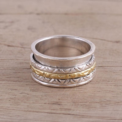 Sterling silver meditation spinner ring, 'Beautiful Rotation' - Sterling Silver and Brass Spinner Ring from India