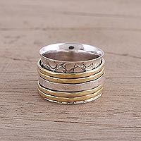 Sterling silver meditation spinner ring, 'Five Rotations' - Handmade Sterling Silver and Brass Spinner Ring from India