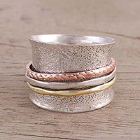 Sterling silver meditation spinner ring, 'Stylish Textures' - Sterling Silver India Meditation Ring with Copper and Brass