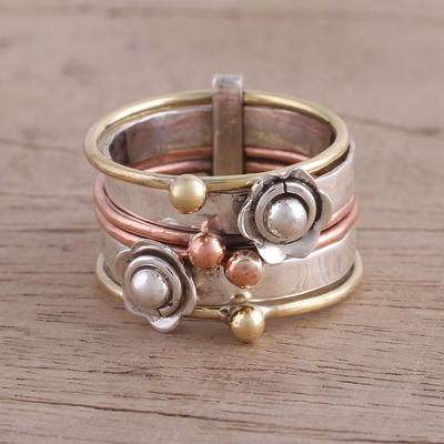 Sterling silver and copper meditation spinner ring, 'Metallic Flowers' - Fair Trade Sterling Silver Copper and Brass Meditation Ring