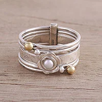 Cultured pearl meditation spinner ring, 'Luminous Floral' - Cultured Pearl and Sterling Silver Meditation Spinner Ring