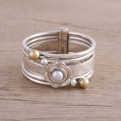Cultured pearl meditation spinner ring, 'Luminous Floral' - Cultured Pearl and Sterling Silver Meditation Spinner Ring