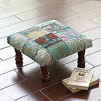 Embellished ottoman, 'Rajasthani Patchwork' - Fair Trade Embellished Ottoman Foot Stool from India