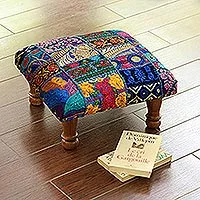 Embellished ottoman, 'Lapis Patchwork' - Fair Trade Embellished Ottoman Foot Stool from India