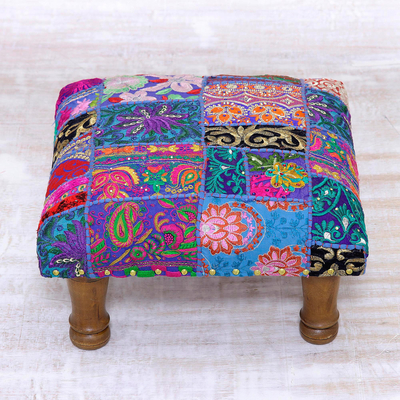 Embellished ottoman, 'Lapis Patchwork' - Fair Trade Embellished Ottoman Foot Stool from India