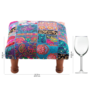 Embellished ottoman, 'Lapis Patchwork' - Fair Trade Embellished Ottoman Foot Stool from India