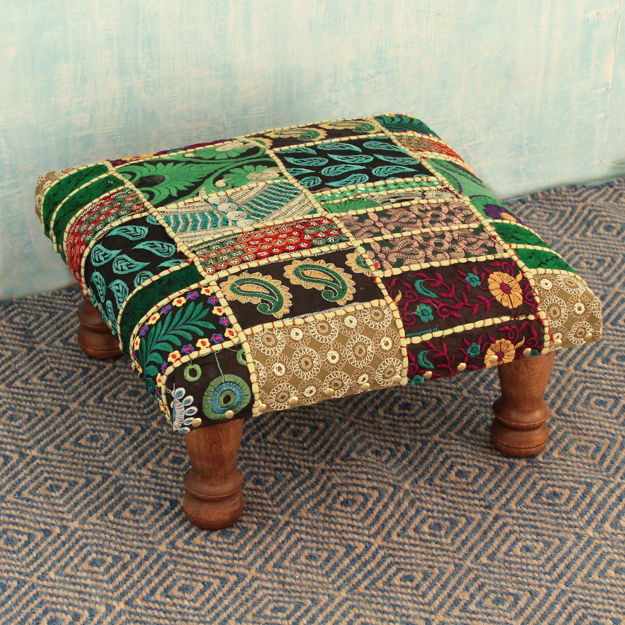 Embroidered Indian Ottoman Patchwork Foot Stool Green Paisley Patch