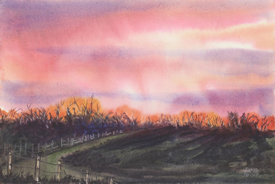 'Path to Malda' - Evocative Watercolor Painting of Sunset Landscape