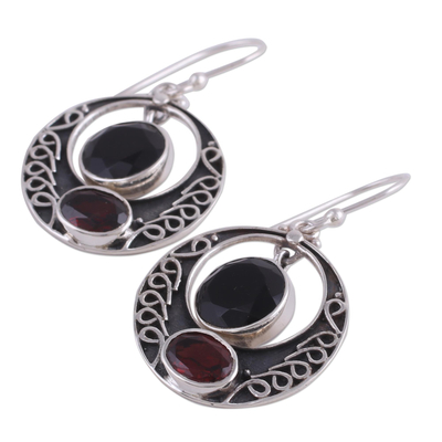 Onyx and garnet dangle earrings, 'Dancing Loops' - Onyx and Garnet Circular Dangle Earrings from India