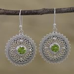 Peridot dangle earrings, 'Green Suns' - Peridot and Sterling Silver Dangle Earrings from India