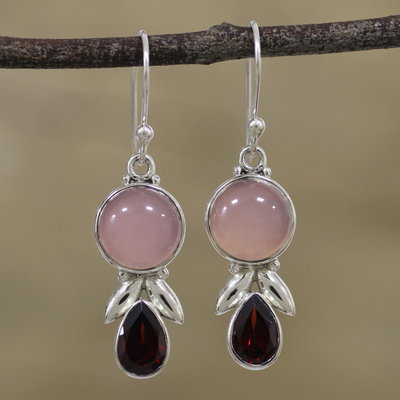 Garnet and chalcedony dangle earrings, 'Radiant Gleam' - Garnet and Pink Chalcedony Dangle Earrings from India