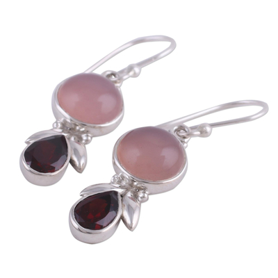 Garnet and chalcedony dangle earrings, 'Radiant Gleam' - Garnet and Pink Chalcedony Dangle Earrings from India