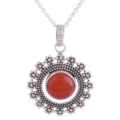 Carnelian pendant necklace, 'Bubbly Red Moon' - Carnelian and Silver Bubbly Pendant Necklace from India