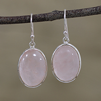 Rose quartz dangle earrings, 'Glowing Delight' - Oval Rose Quartz and Silver Dangle Earrings from India