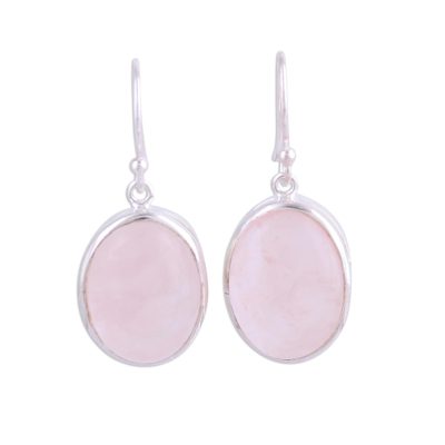 Rose quartz dangle earrings, 'Glowing Delight' - Oval Rose Quartz and Silver Dangle Earrings from India
