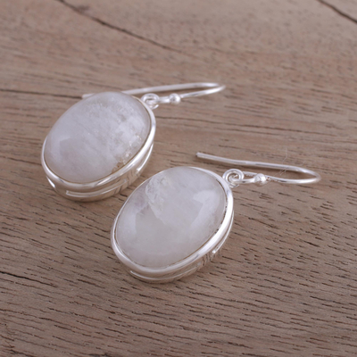 Moonstone dangle earrings, 'Glowing Delight' - Oval Moonstone and Silver Dangle Earrings from India